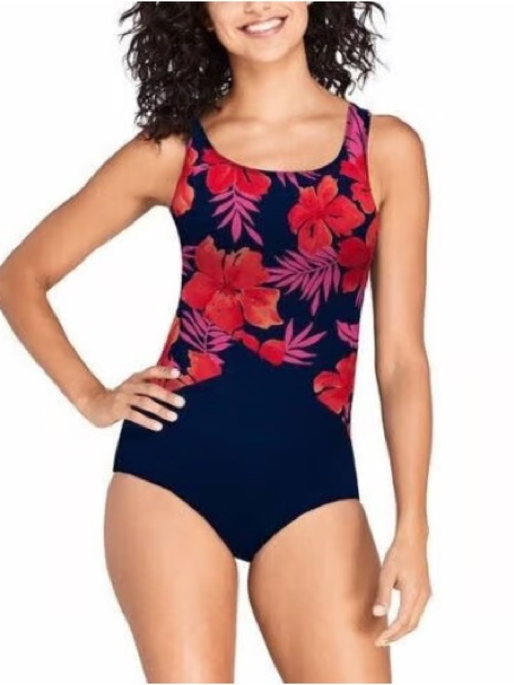 Land’s End Navy One-Piece Swimsuit with Red Floral Print